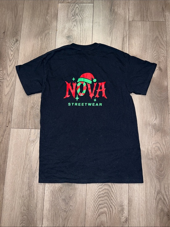 Tops - NOVA Streetwear Black Graphic Tee - Red & Green Holiday Logo